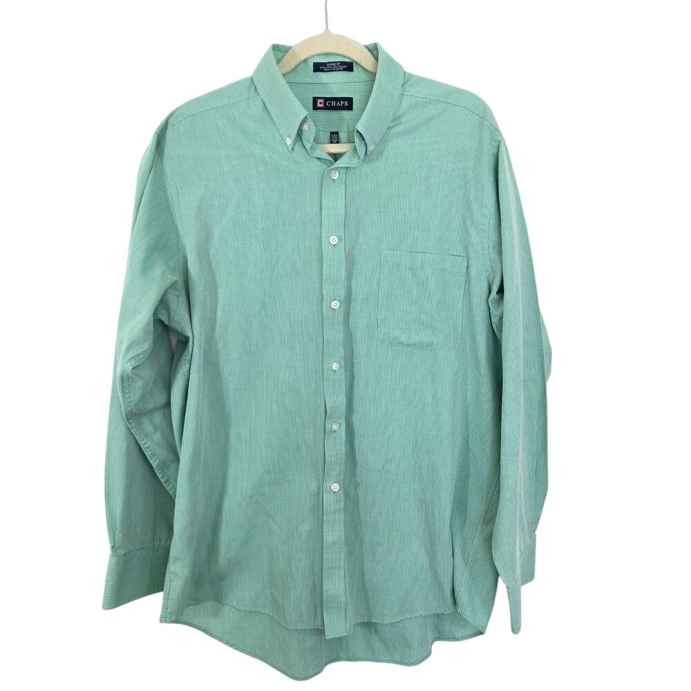 Ralph Lauren Chaps‎ Classic Green Striped Mens Button Down Dress Shirt Size 16.5